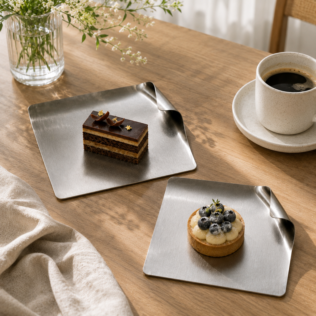 Minimalist Matte Brushed Square Serving Tray with Curled Edge