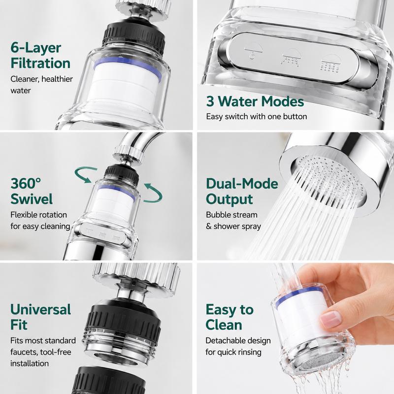 360° Rotating Filter Faucet – 3-Mode Splash-Free Sink Upgrade